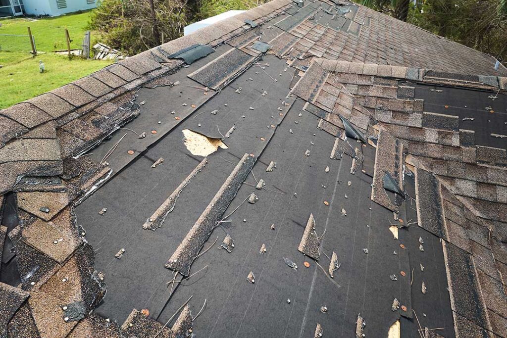 A homeowner examines roof shingles and gutters from the ground during a seasonal inspection.
