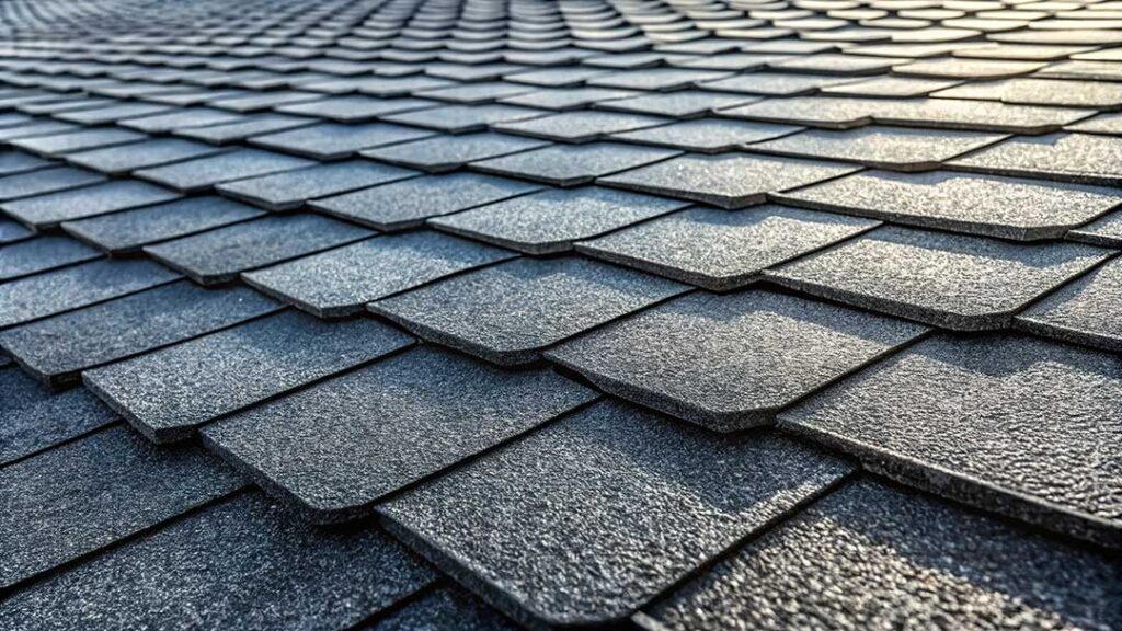 Raised shingles and scattered branches on a suburban roof after a severe windstorm.