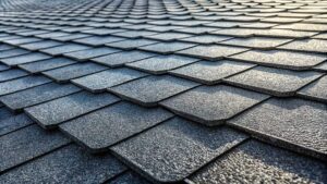 Raised shingles and scattered branches on a suburban roof after a severe windstorm.